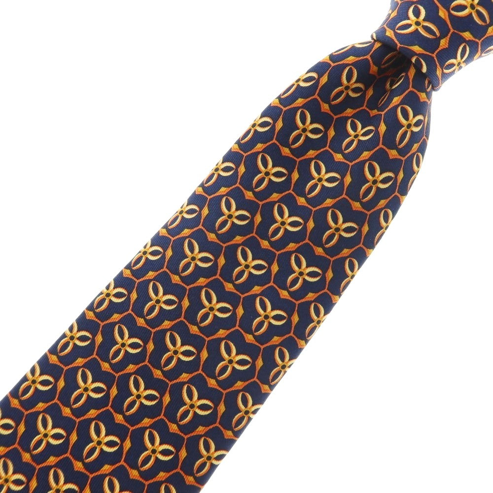 【中古】サルヴァトーレフェラガモ Salvatore Ferragamo シルク プリント 小紋柄ネクタイ ネイビーxオレンジ【 状態ランクA 】【 メンズ 】 [APD]