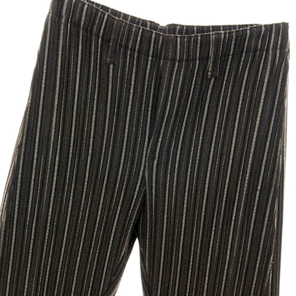 【中古】オム プリッセ イッセイミヤケ HOMME PLISSE ISSEY MIYAKE プリーツ加工 ストライプ柄 イージーパンツ ダークブラウンxホワイト【サイズ3】【 状態ランクB 】【 メンズ 】