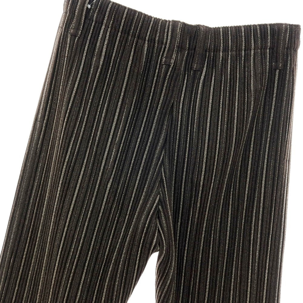 【中古】オム プリッセ イッセイミヤケ HOMME PLISSE ISSEY MIYAKE プリーツ加工 ストライプ柄 イージーパンツ ダークブラウンxホワイト【サイズ3】【 状態ランクB 】【 メンズ 】