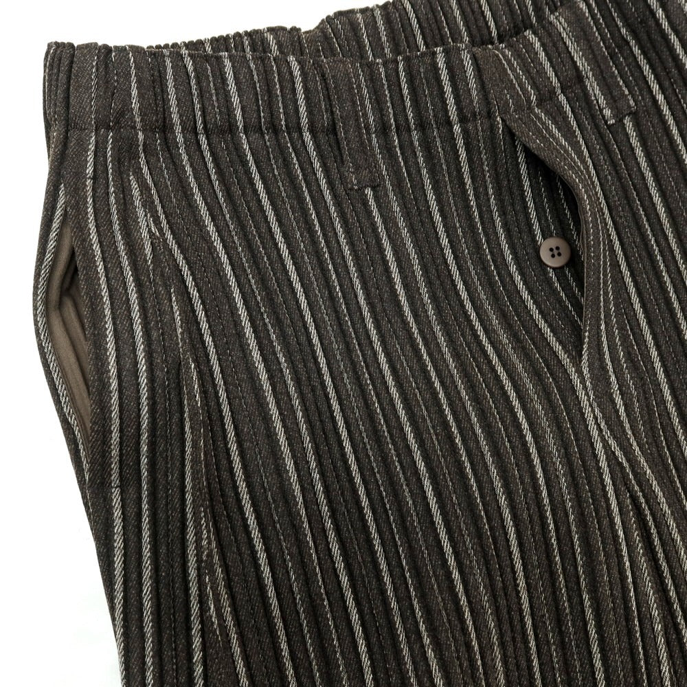 【中古】オム プリッセ イッセイミヤケ HOMME PLISSE ISSEY MIYAKE プリーツ加工 ストライプ柄 イージーパンツ ダークブラウンxホワイト【サイズ3】【 状態ランクB 】【 メンズ 】