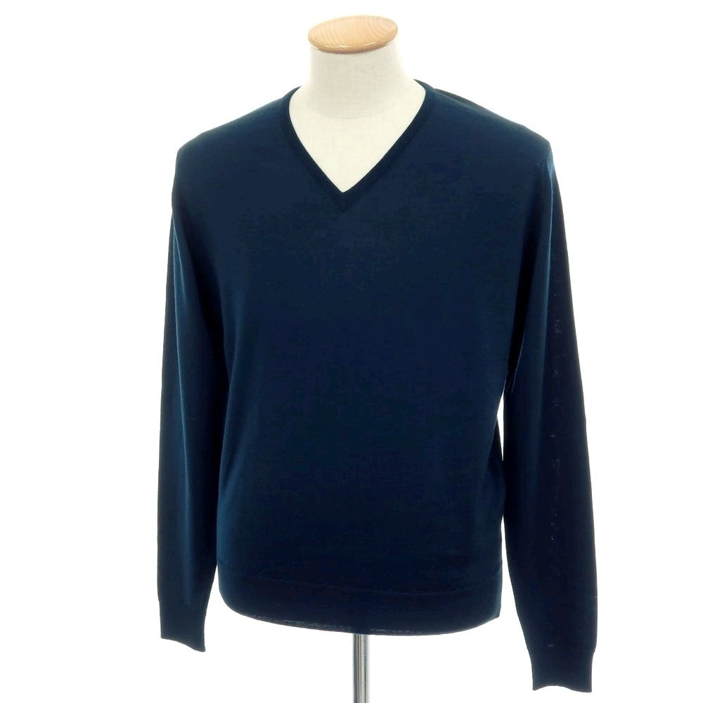 【中古】ジョンスメドレー JOHN SMEDLEY ハイゲージ ウール Vネック プルオーバーニット グリーンネイビー系【 サイズS 】【 状態ランクA 】【 メンズ 】 [APD]