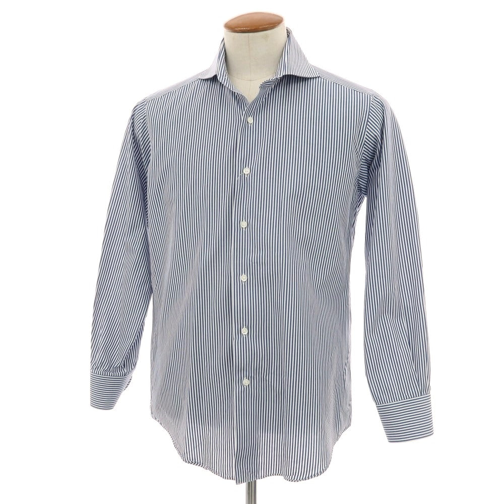 【中古】ミツコシ MITSUKOSHI コットン ストライプ ホリゾンタルカラー ドレスシャツ ネイビーxホワイト【サイズ表記なし（M位）】【 状態ランクB 】【 メンズ 】