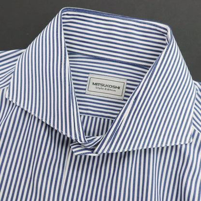 【中古】ミツコシ MITSUKOSHI コットン ストライプ ホリゾンタルカラー ドレスシャツ ネイビーxホワイト【サイズ表記なし（M位）】【 状態ランクB 】【 メンズ 】