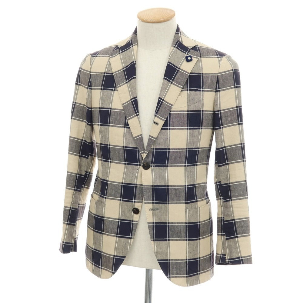 【中古】ラルディーニ LARDINI コットンリネン チェック 3B テーラードジャケット ネイビーxベージュ【サイズ42 REG】【 状態ランクB 】【 メンズ 】