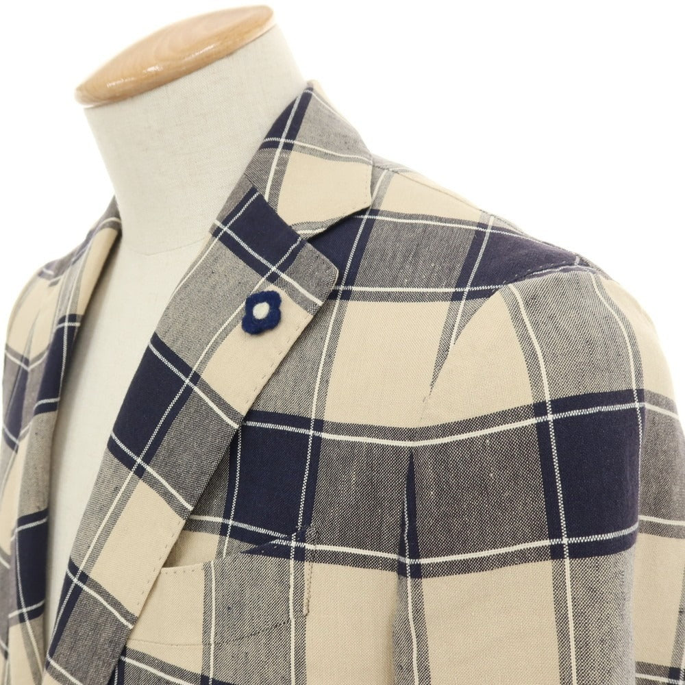 【中古】ラルディーニ LARDINI コットンリネン チェック 3B テーラードジャケット ネイビーxベージュ【サイズ42 REG】【 状態ランクB 】【 メンズ 】