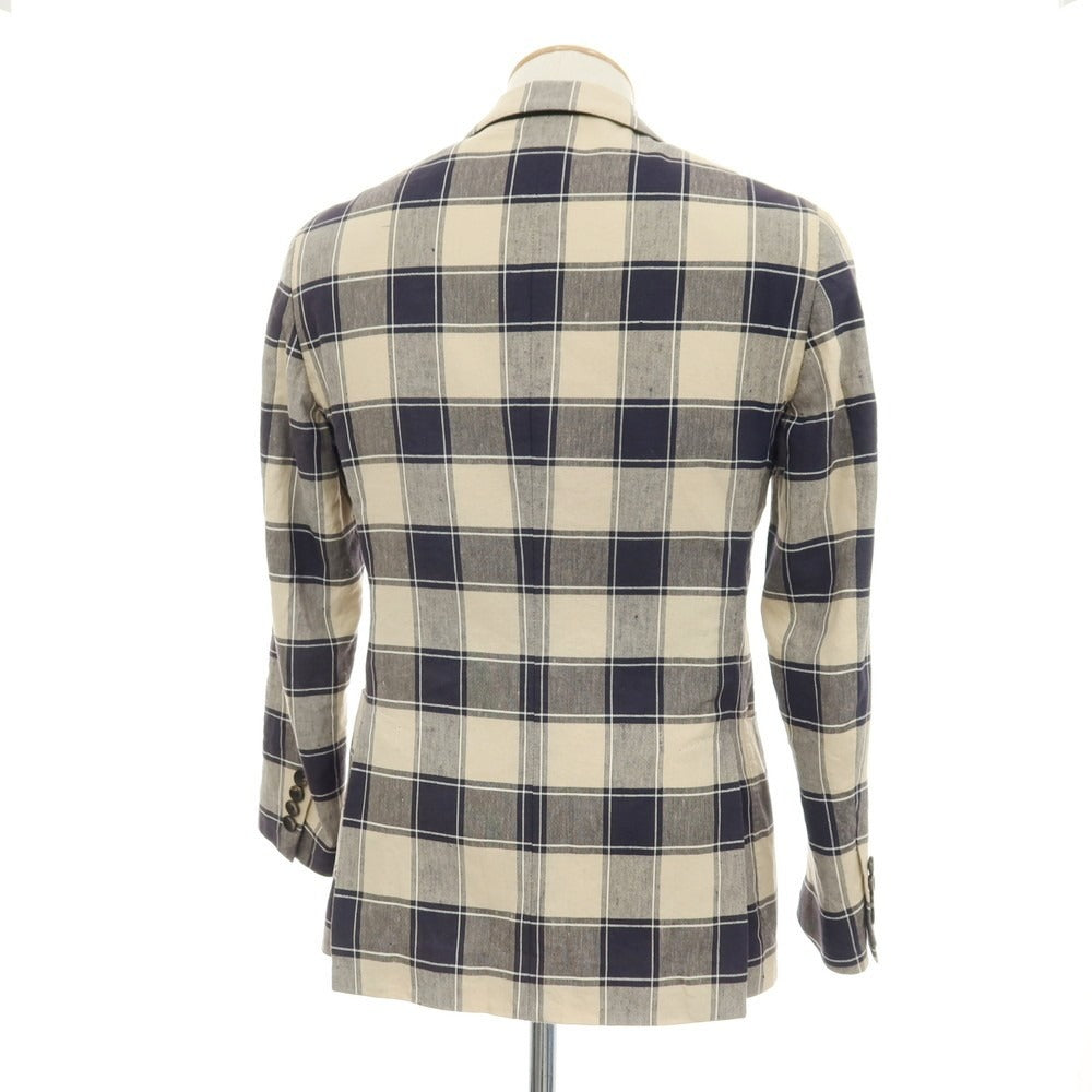 【中古】ラルディーニ LARDINI コットンリネン チェック 3B テーラードジャケット ネイビーxベージュ【サイズ42 REG】【 状態ランクB 】【 メンズ 】[CPD]
