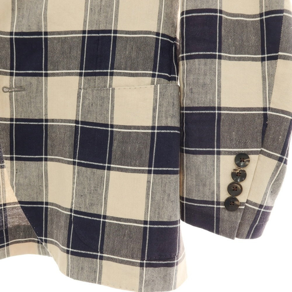 【中古】ラルディーニ LARDINI コットンリネン チェック 3B テーラードジャケット ネイビーxベージュ【サイズ42 REG】【 状態ランクB 】【 メンズ 】[CPD]