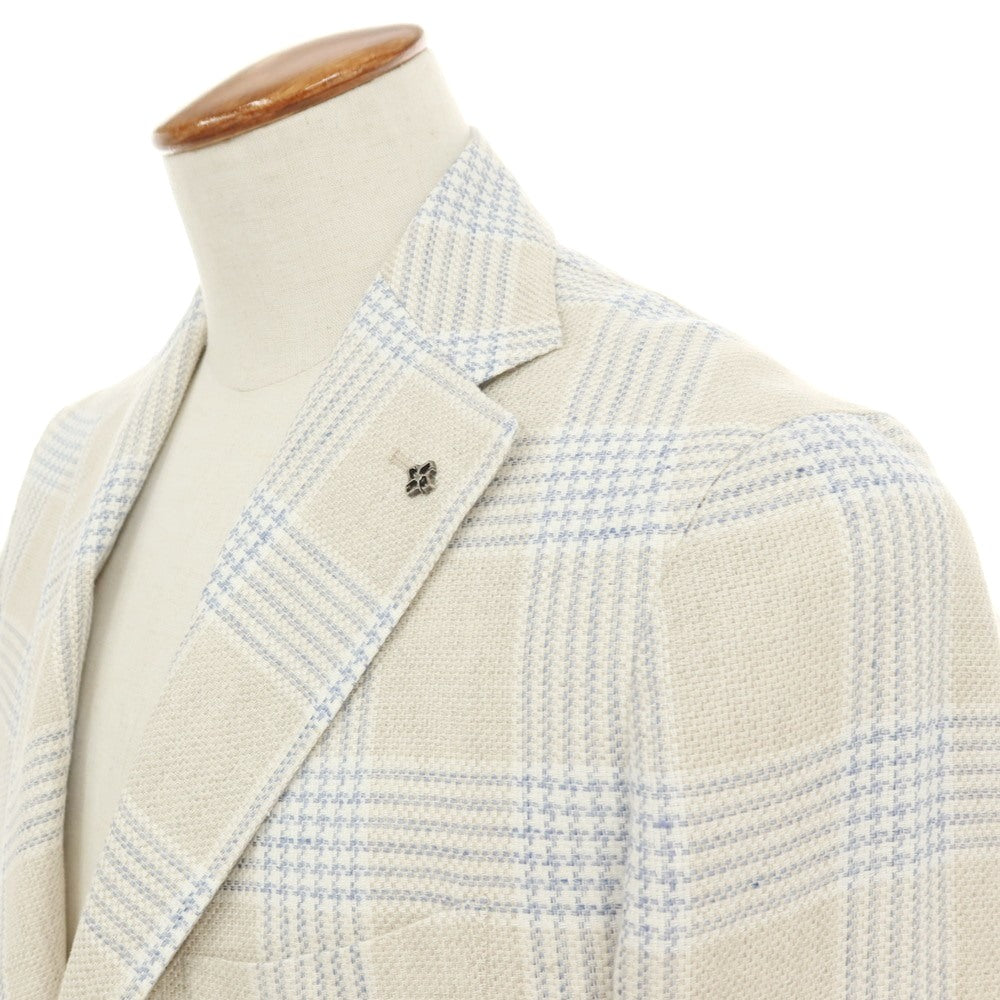 【中古】タリアトーレ TAGLIATORE リネンコットン チェック 2B テーラードジャケット ベージュxブルー【サイズ48】【 状態ランクB 】【 メンズ 】
