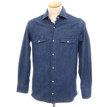 【中古】ジャンネット giannetto ストレッチ コットン ワイドカラー ウエスタンシャツ ネイビー【サイズ38】【 状態ランクC 】【 メンズ 】