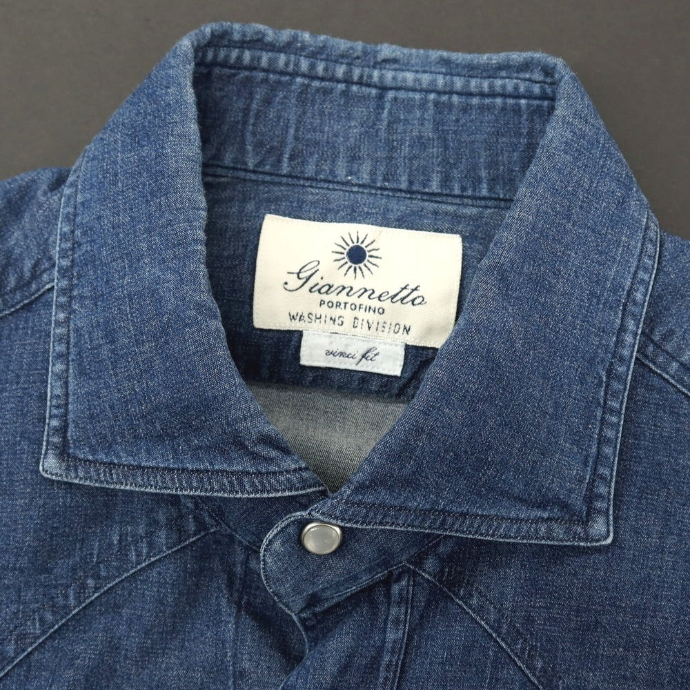 【中古】ジャンネット giannetto ストレッチ コットン ワイドカラー ウエスタンシャツ ネイビー【サイズ38】【 状態ランクC 】【 メンズ 】