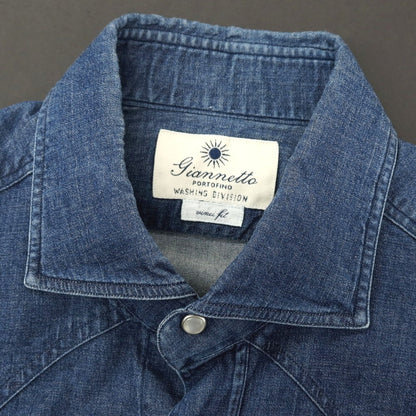 【中古】ジャンネット giannetto ストレッチ コットン ワイドカラー ウエスタンシャツ ネイビー【サイズ38】【 状態ランクC 】【 メンズ 】