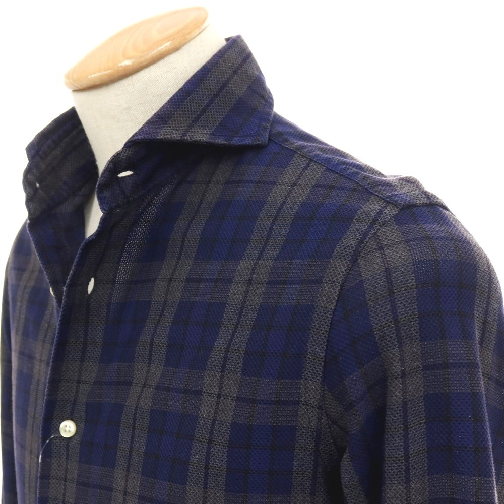 【中古】ギローバー GUY ROVER コットン チェック ホリゾンタルカラー カジュアルシャツ ネイビー【サイズXS】【 状態ランクC 】【 メンズ 】