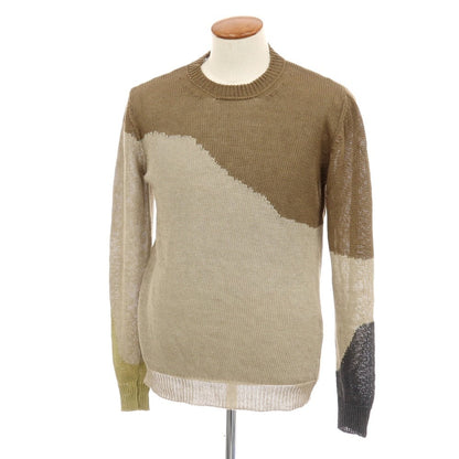 【中古】ロベルトコリーナ ROBERTO COLLINA リネン クルーネック プルオーバーニット ベージュxカーキ【サイズ48】【 状態ランクA 】【 メンズ 】
