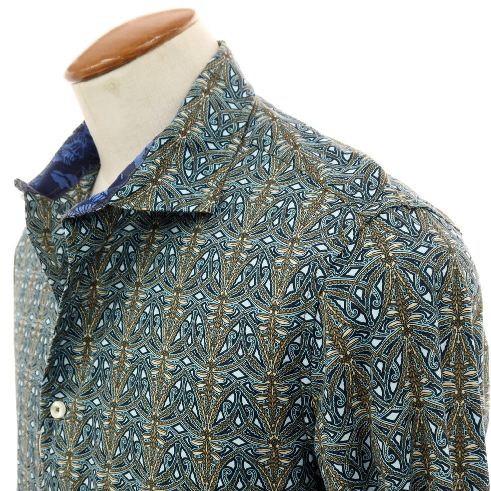 【中古】ガネーシュ ganesh ストレッチ コットン 総柄 プリント カジュアルシャツ ネイビー【サイズM】【 状態ランクB 】【 メンズ 】