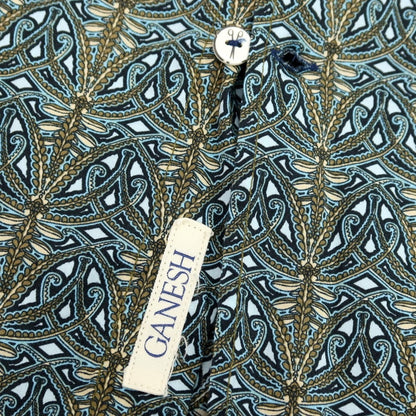 【中古】ガネーシュ ganesh ストレッチ コットン 総柄 プリント カジュアルシャツ ネイビー【サイズM】【 状態ランクB 】【 メンズ 】