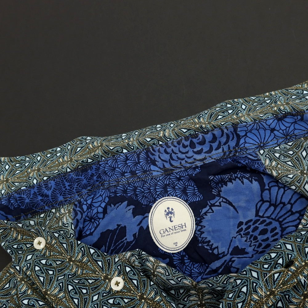 【中古】ガネーシュ ganesh ストレッチ コットン 総柄 プリント カジュアルシャツ ネイビー【サイズM】【 状態ランクB 】【 メンズ 】