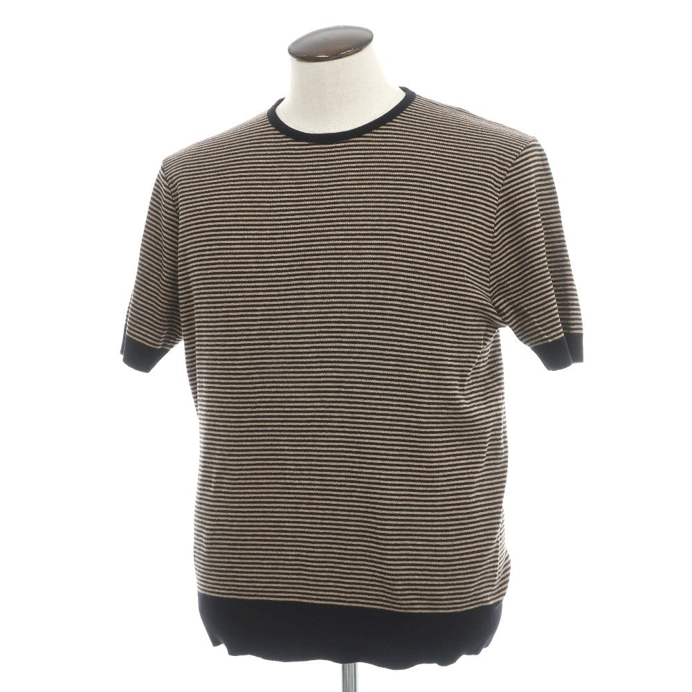 【中古】ルトロワ Letroyes コットン ボーダー クルーネック 半袖 プルオーバーニット ブラウンベージュxブラック【サイズ5】【 状態ランクC 】【 メンズ 】