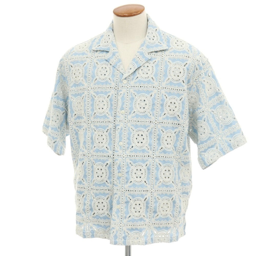 【中古】フォーワンセブンバイエディフィス 417byEDIFICE ストレッチ カットワーク刺しゅう オープンカラー 半袖シャツ ライトブルー【サイズM】【 状態ランクB 】【 メンズ 】
