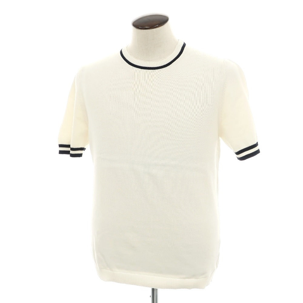 【新品】スカリオーネ SCAGLIONE コットン クルーネック 半袖 プルオーバーニット オフホワイトxダークネイビー【サイズL】【 状態ランクN 】【 メンズ 】