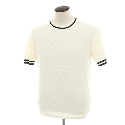 【新品】スカリオーネ SCAGLIONE コットン クルーネック 半袖 プルオーバーニット オフホワイトxダークネイビー【サイズL】【 状態ランクN 】【 メンズ 】