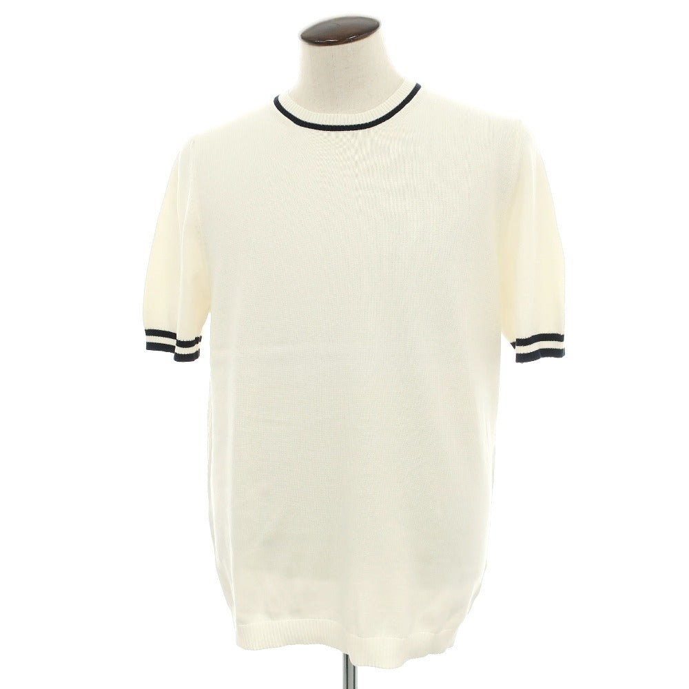 【新品】スカリオーネ SCAGLIONE コットン クルーネック 半袖 プルオーバーニット オフホワイトxダークネイビー【サイズXXL】【 状態ランクN 】【 メンズ 】[DPD]