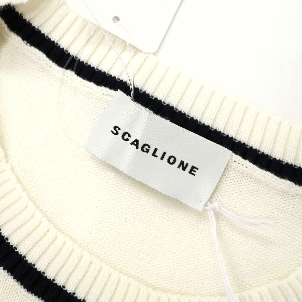 【新品】スカリオーネ SCAGLIONE コットン クルーネック 半袖 プルオーバーニット オフホワイトxダークネイビー【サイズXXL】【 状態ランクN 】【 メンズ 】