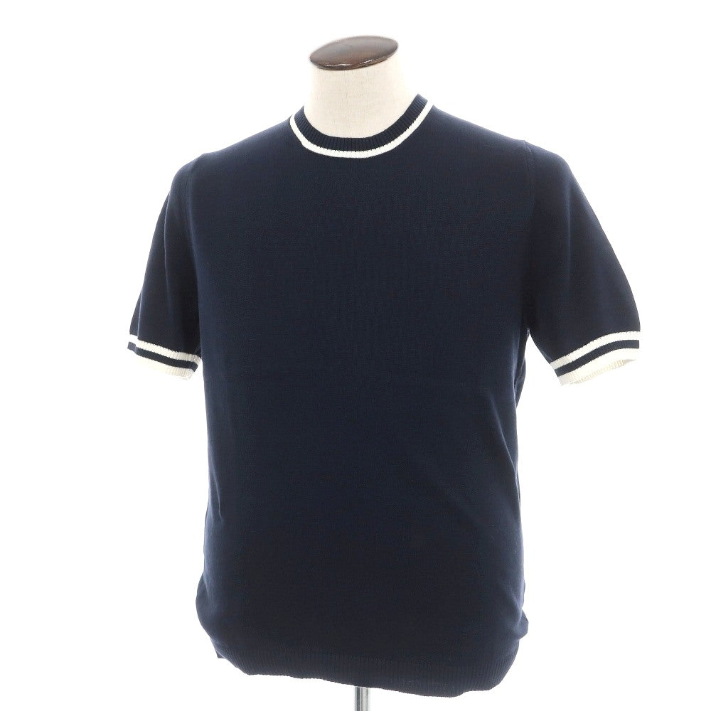 【新品】スカリオーネ SCAGLIONE コットン クルーネック 半袖 プルオーバーニット ネイビーxホワイト【サイズL】【 状態ランクN 】【 メンズ 】