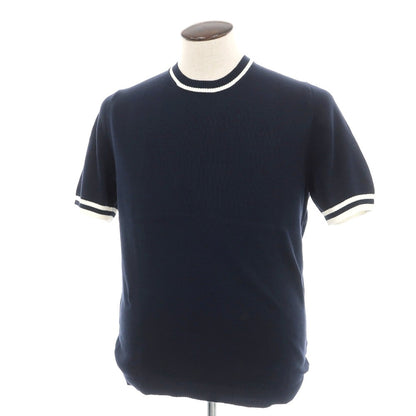 【新品】スカリオーネ SCAGLIONE コットン クルーネック 半袖 プルオーバーニット ネイビーxホワイト【サイズL】【 状態ランクN 】【 メンズ 】