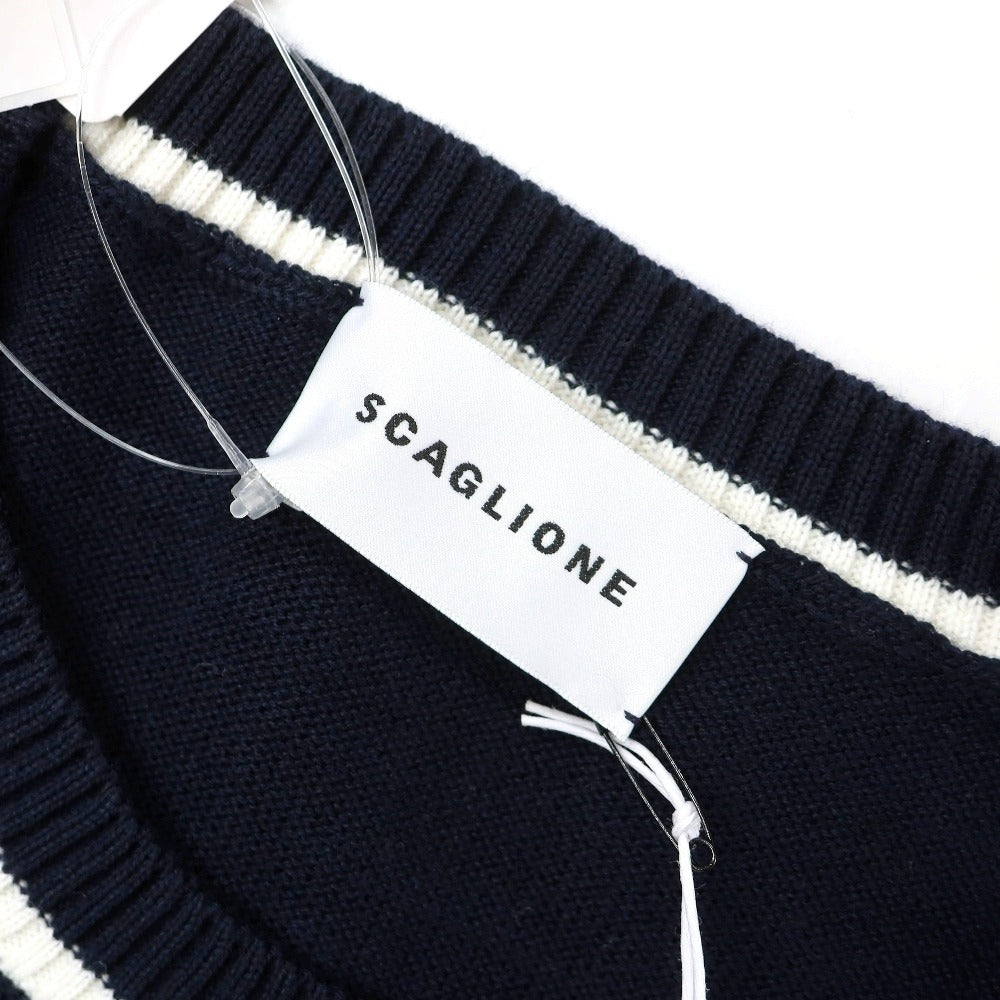 【新品】スカリオーネ SCAGLIONE コットン クルーネック 半袖 プルオーバーニット ネイビーxホワイト【サイズXL】【 状態ランクN 】【 メンズ 】