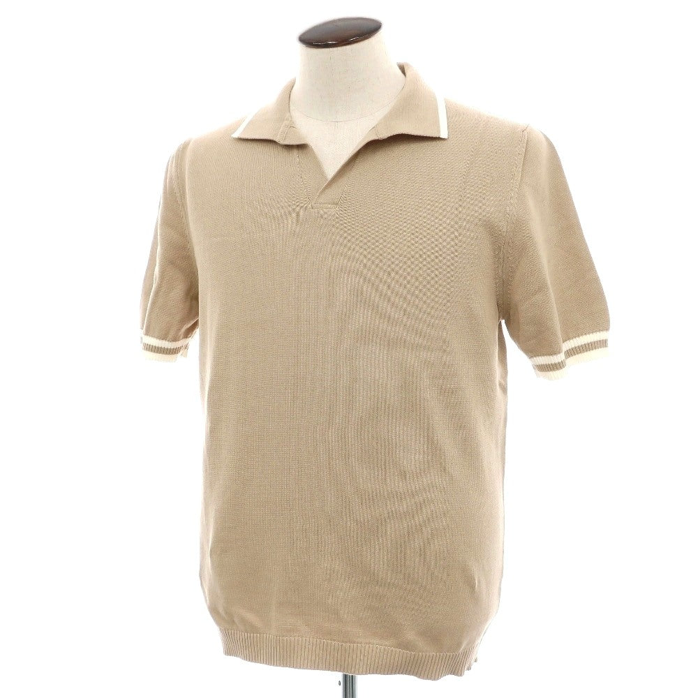 【新品】スカリオーネ SCAGLIONE コットン スキッパー 半袖 ポロニット ベージュxホワイト【サイズXL】【 状態ランクN 】【 メンズ 】