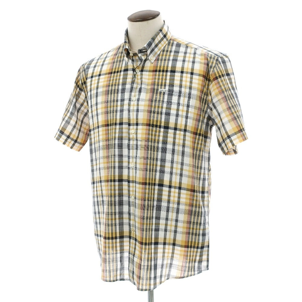 【新品】バブアー Barbour コットン チェック ボタンダウン 半袖シャツ オレンジイエローxネイビー【サイズL（UK）】【 状態ランクN 】【 メンズ 】