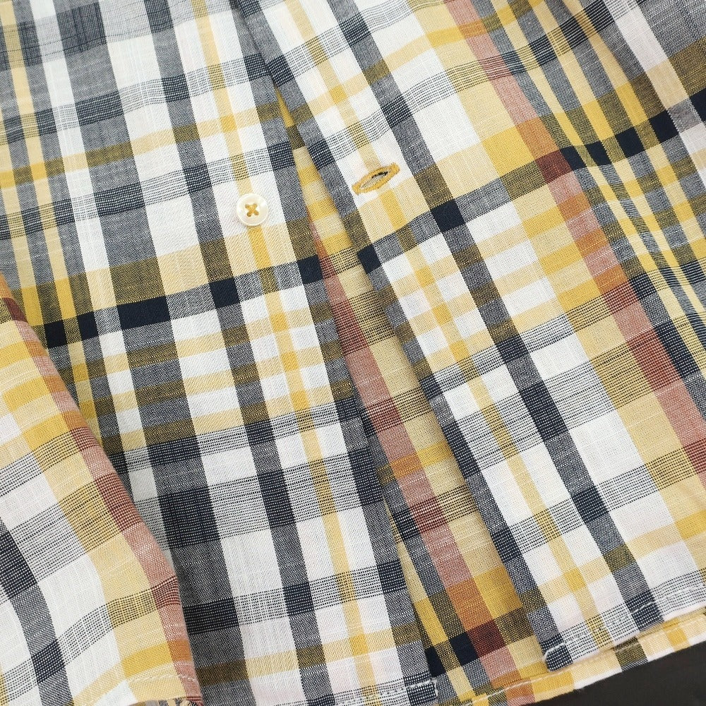 【新品】バブアー Barbour コットン チェック ボタンダウン 半袖シャツ オレンジイエローxネイビー【サイズL（UK）】【 状態ランクN 】【 メンズ 】