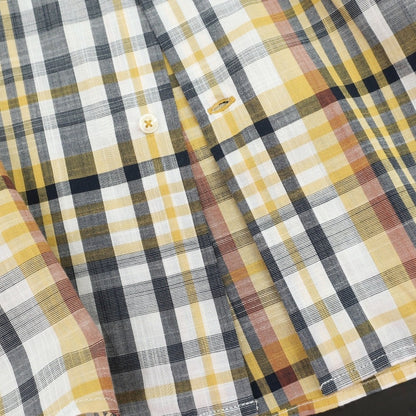 【新品】バブアー Barbour コットン チェック ボタンダウン 半袖シャツ オレンジイエローxネイビー【サイズL（UK）】【 状態ランクN 】【 メンズ 】