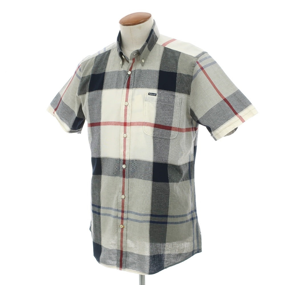 【新品】バブアー Barbour コットンリネン チェック ボタンダウン 半袖シャツ グレーxホワイト【サイズM（UK）】【 状態ランクN 】【 メンズ 】