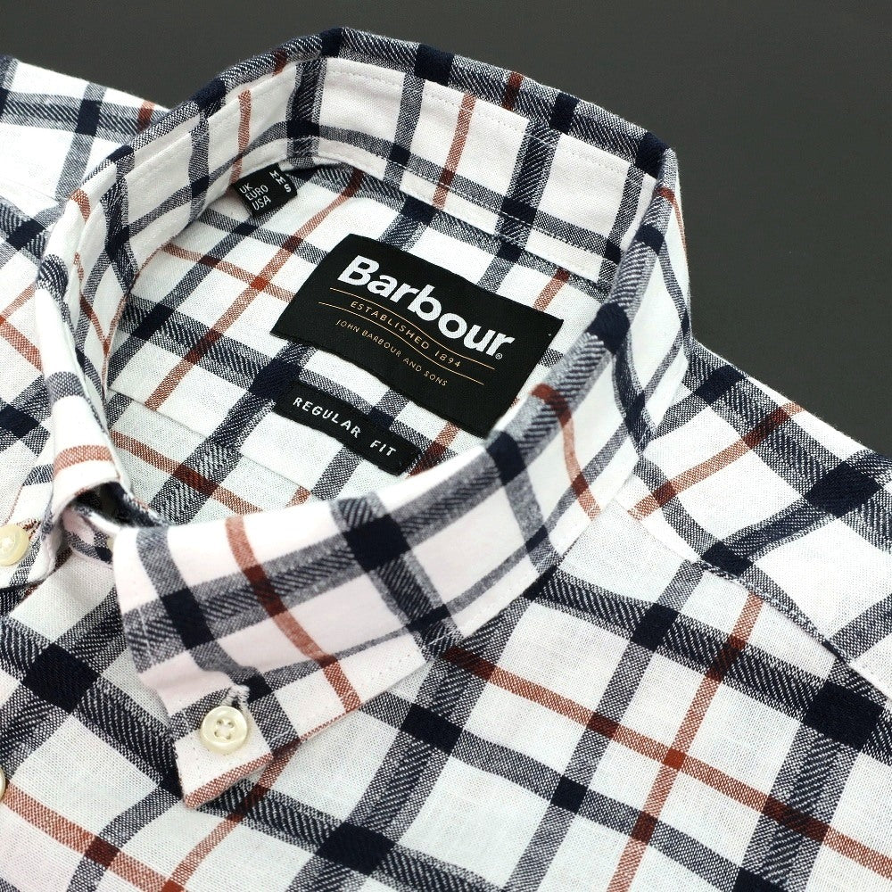 【新品】バブアー Barbour リネンコットン チェック ボタンダウン 半袖シャツ ホワイトxネイビー【サイズM（UK）】【 状態ランクN 】【 メンズ 】