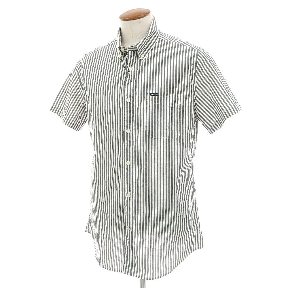 【新品】バブアー Barbour コットン ストライプ ボタンダウン 半袖シャツ グレーxホワイト【サイズM（UK）】【 状態ランクN 】【 メンズ 】