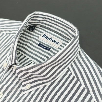 【新品】バブアー Barbour コットン ストライプ ボタンダウン 半袖シャツ グレーxホワイト【サイズM（UK）】【 状態ランクN 】【 メンズ 】