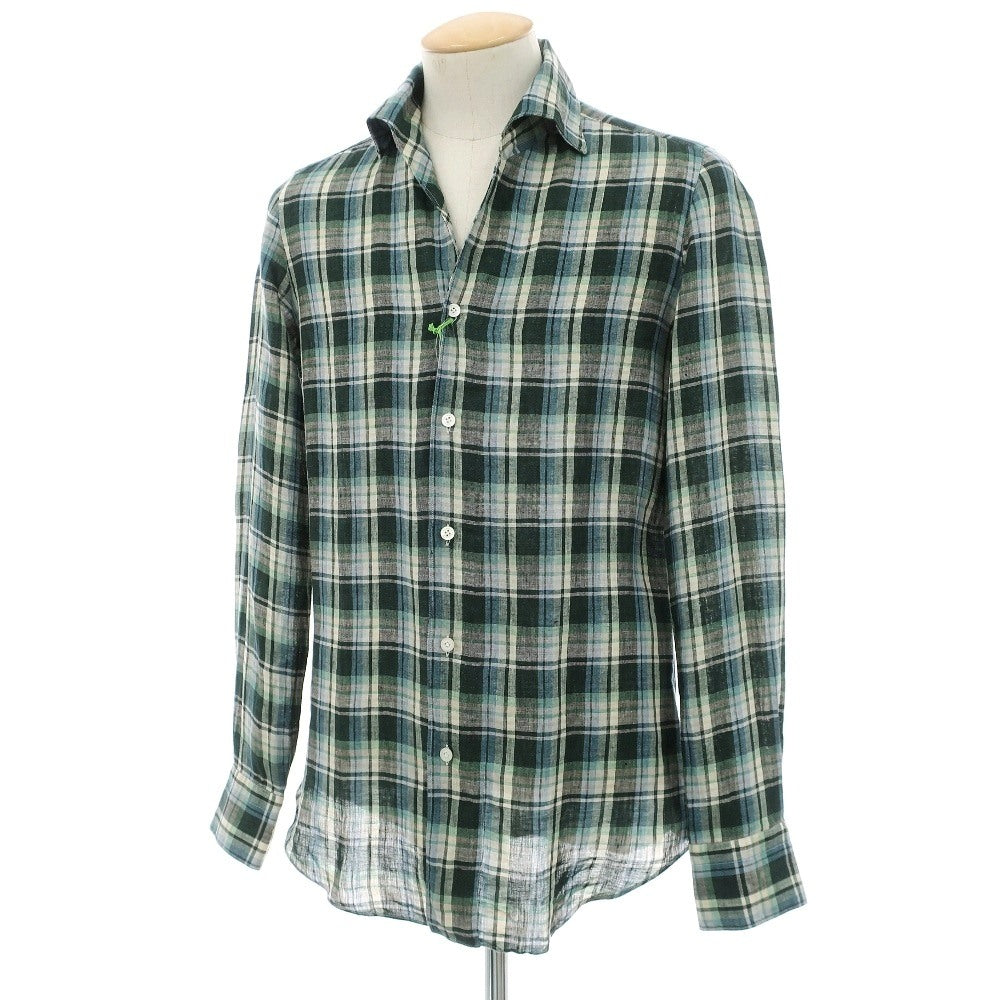 【新品】フィナモレ Finamore リネン チェック 隠しボタンダウン イタリアンカラー カジュアルシャツ グリーンxベージュ【サイズ38】【 状態ランクN 】【 メンズ 】
