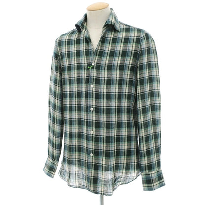 【新品】フィナモレ Finamore リネン チェック 隠しボタンダウン イタリアンカラー カジュアルシャツ グリーンxベージュ【サイズ38】【 状態ランクN 】【 メンズ 】