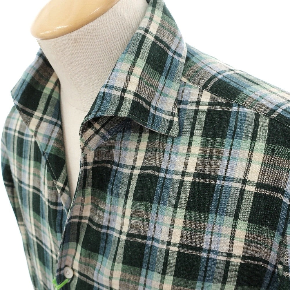 【新品】フィナモレ Finamore リネン チェック 隠しボタンダウン イタリアンカラー カジュアルシャツ グリーンxベージュ【サイズ38】【 状態ランクN 】【 メンズ 】