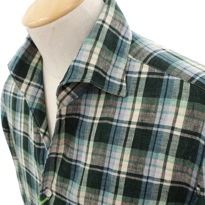 【新品】フィナモレ Finamore リネン チェック 隠しボタンダウン イタリアンカラー カジュアルシャツ グリーンxベージュ【サイズ38】【 状態ランクN 】【 メンズ 】