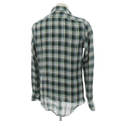 【新品】フィナモレ Finamore リネン チェック 隠しボタンダウン イタリアンカラー カジュアルシャツ グリーンxベージュ【サイズ38】【 状態ランクN 】【 メンズ 】