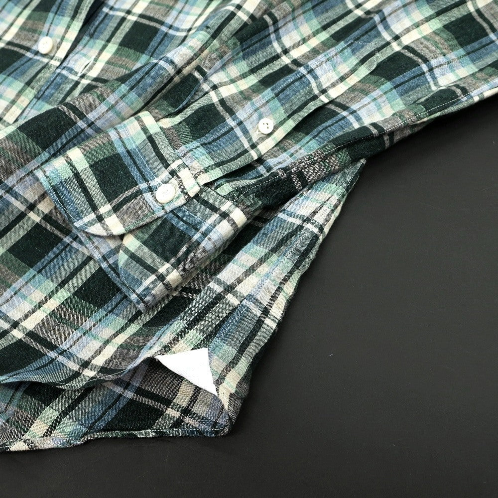 【新品】フィナモレ Finamore リネン チェック 隠しボタンダウン イタリアンカラー カジュアルシャツ グリーンxベージュ【サイズ38】【 状態ランクN 】【 メンズ 】