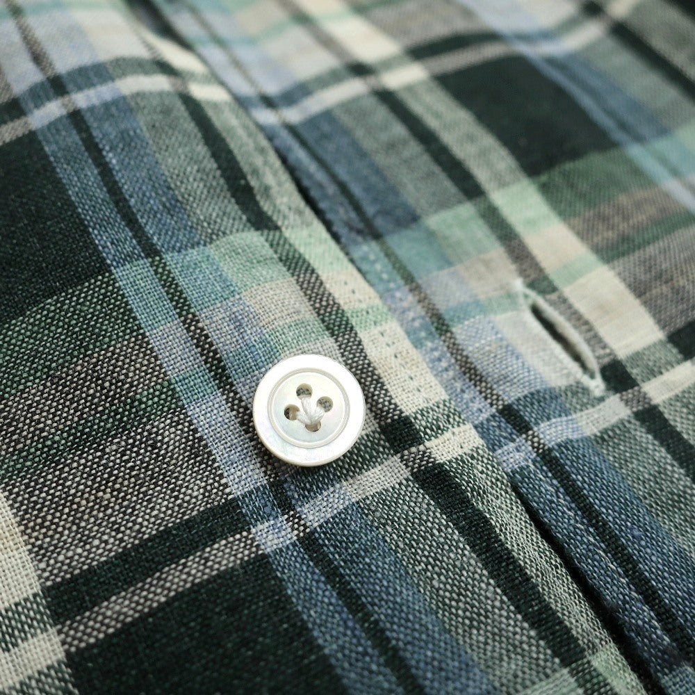 【新品】フィナモレ Finamore リネン チェック 隠しボタンダウン イタリアンカラー カジュアルシャツ グリーンxベージュ【サイズ38】【 状態ランクN 】【 メンズ 】