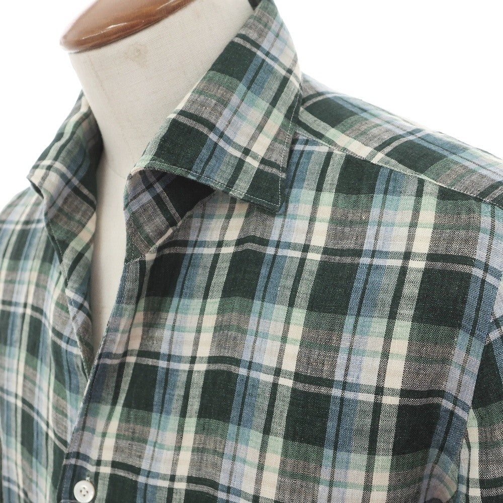 【新品】フィナモレ Finamore リネン チェック 隠しボタンダウン イタリアンカラー カジュアルシャツ グリーンxベージュ【サイズ40】【 状態ランクN 】【 メンズ 】