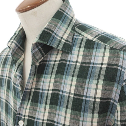 【新品】フィナモレ Finamore リネン チェック 隠しボタンダウン イタリアンカラー カジュアルシャツ グリーンxベージュ【サイズ40】【 状態ランクN 】【 メンズ 】