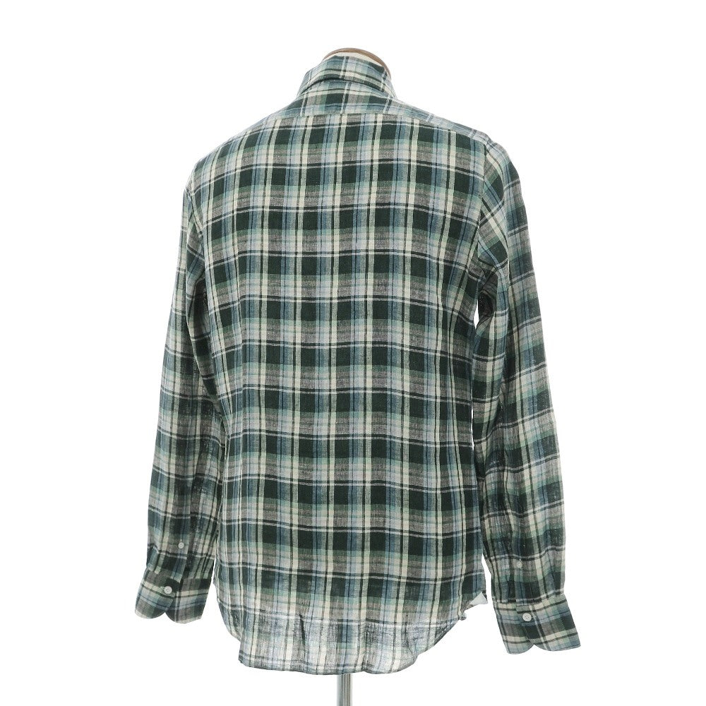 【新品】フィナモレ Finamore リネン チェック 隠しボタンダウン イタリアンカラー カジュアルシャツ グリーンxベージュ【サイズ40】【 状態ランクN 】【 メンズ 】