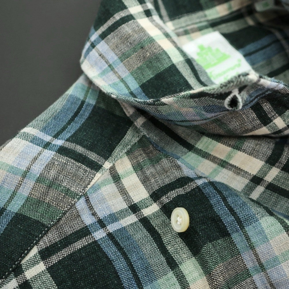 【新品】フィナモレ Finamore リネン チェック 隠しボタンダウン イタリアンカラー カジュアルシャツ グリーンxベージュ【サイズ40】【 状態ランクN 】【 メンズ 】