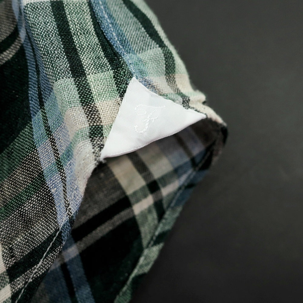 【新品】フィナモレ Finamore リネン チェック 隠しボタンダウン イタリアンカラー カジュアルシャツ グリーンxベージュ【サイズ40】【 状態ランクN 】【 メンズ 】