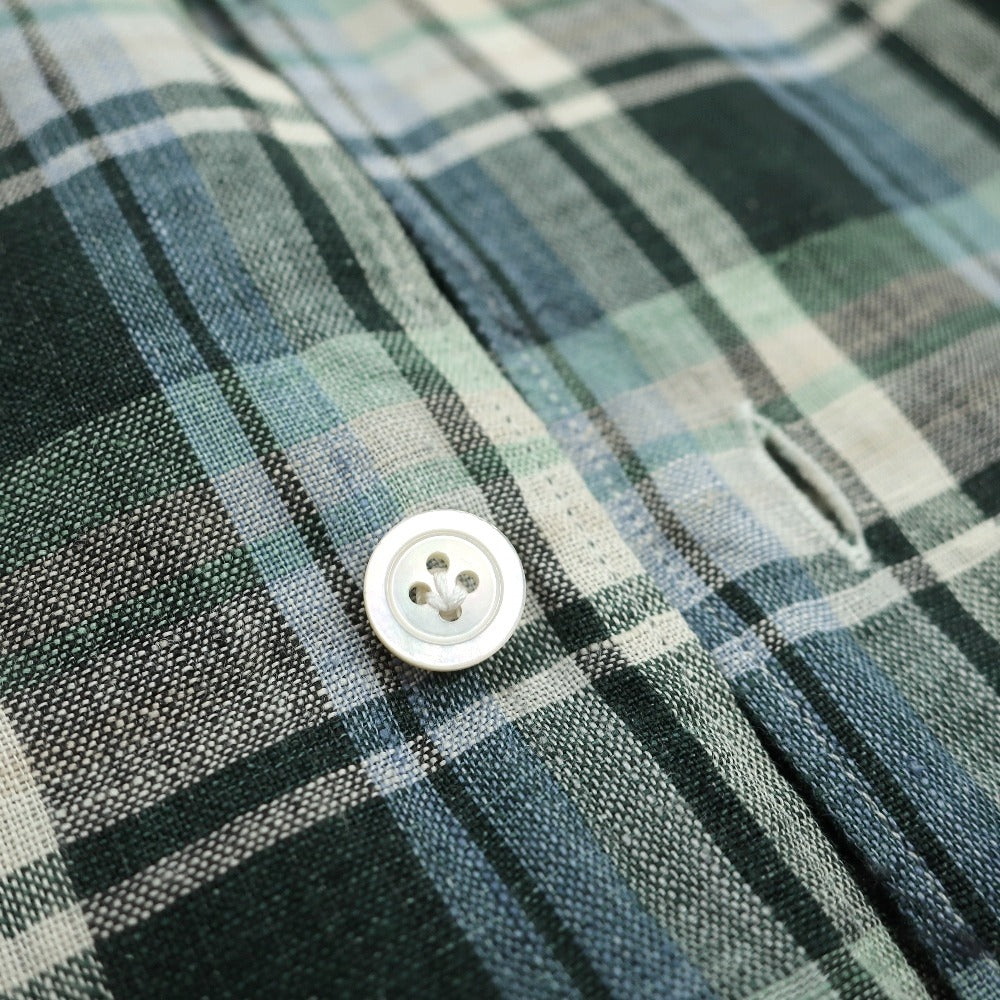 【新品】フィナモレ Finamore リネン チェック 隠しボタンダウン イタリアンカラー カジュアルシャツ グリーンxベージュ【サイズ40】【 状態ランクN 】【 メンズ 】